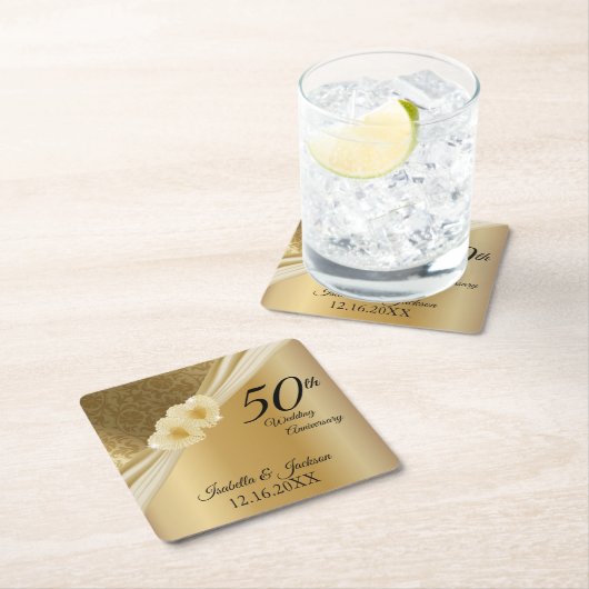 記念50日💞金ゴールド結婚記念日 スクエアペーパーコースター (インサイチュ)