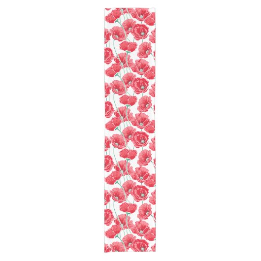 記憶の赤いケシ分野の花柄パターン ショートテーブルランナー (正面)