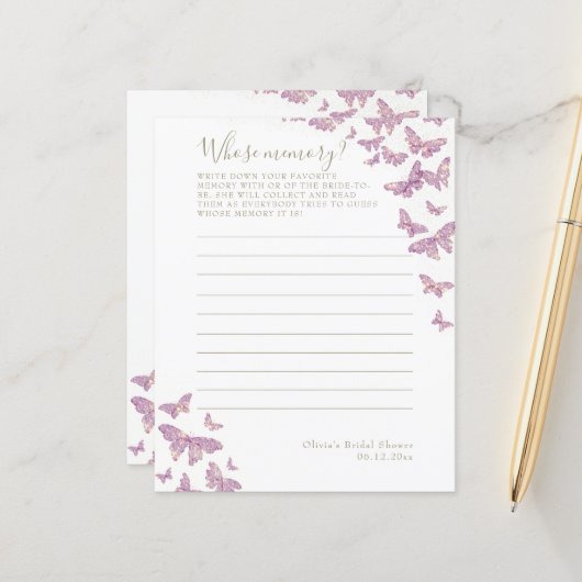 記憶ゲームを持つ紫色の蝶ブライダルシャワー (正面/裏面インサイチュ)