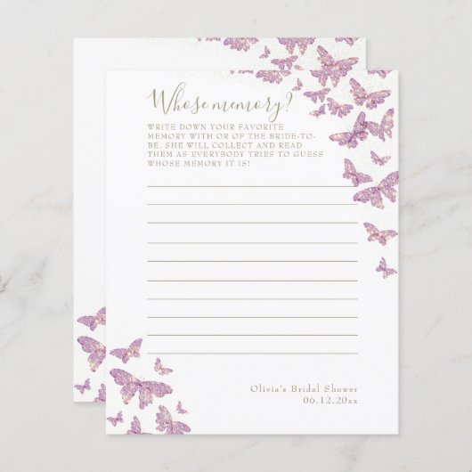 記憶ゲームを持つ紫色の蝶ブライダルシャワー (正面/裏面)