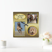 記憶3写真犬の記念の金ゴールドのコラージュ スクエア壁時計 (ホーム)