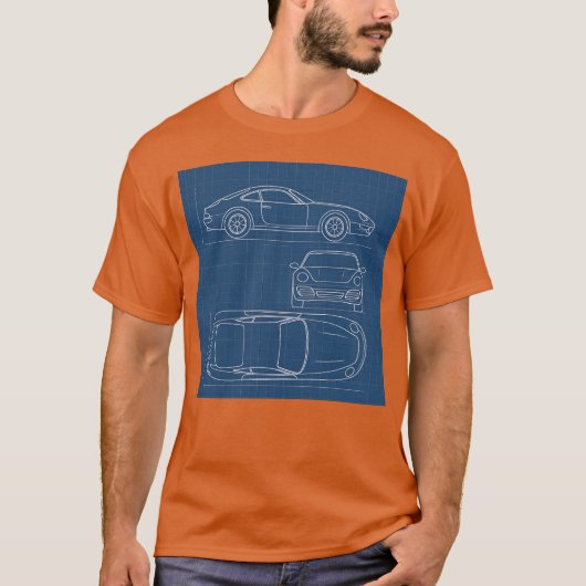 設計図スタイル スポーツカー デザイン 漫画 Tシャツ (正面)