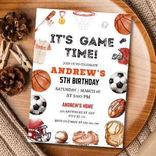 試合開始!バスケとフットボールのスポーツ誕生日 招待状