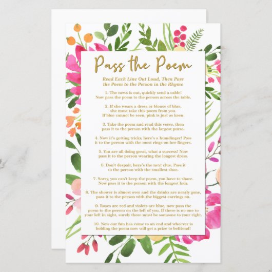 詩のシャワーゲームをパス,ブライダルシャワーゲーム (正面/裏面)