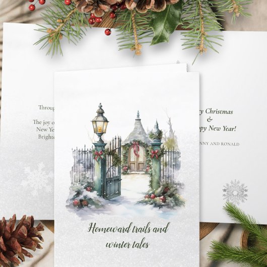 詩の北欧の冬の緑の赤い雪クリスマスリース シーズンカード