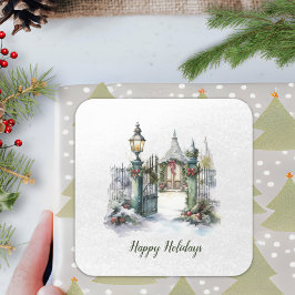 詩の北欧の冬の緑の赤い雪クリスマスリース スクエアシール