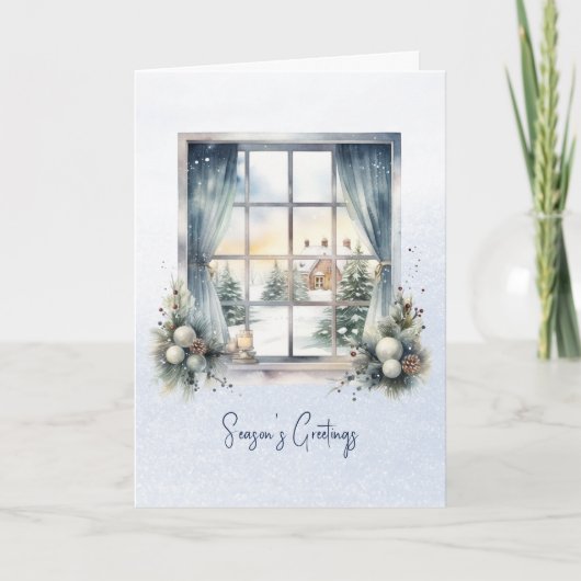 詩の北欧の森の冬の松コーン雪クリスマス シーズンカード (正面)