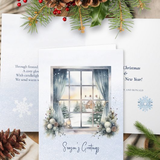 詩の北欧の森の冬の松コーン雪クリスマス シーズンカード