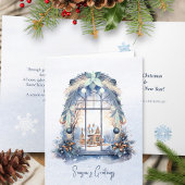 詩の北欧の青いオーナメントの葉クリスマスウィンドウ シーズンカード