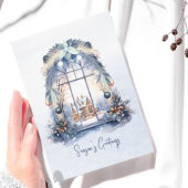 詩の北欧の青いオーナメントの葉クリスマスウィンドウ シーズンカード