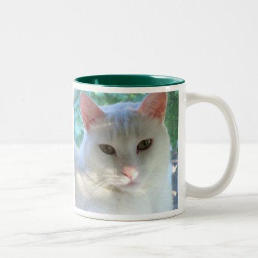 詩の白い短い髪猫のマグ ツートーンマグカップ (右)