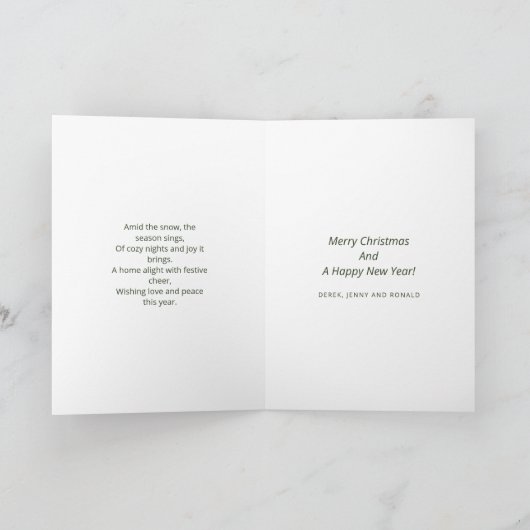 詩の白い赤いバードグリーンの松のクリスマスツリー シーズンカード (内部)