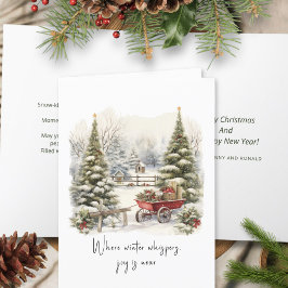 詩の緑の白い雪の松の森クリスマスツリー シーズンカード