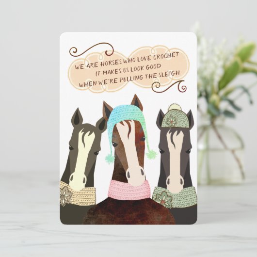 詩の馬クリスマス手作りのクロシェ帽のスカーフ シーズンカード (スタンド正面)