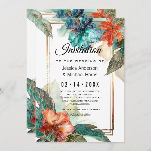 詩をバックにハイビスカス・セレナーデ・パラダイス 招待状 (正面/裏面)