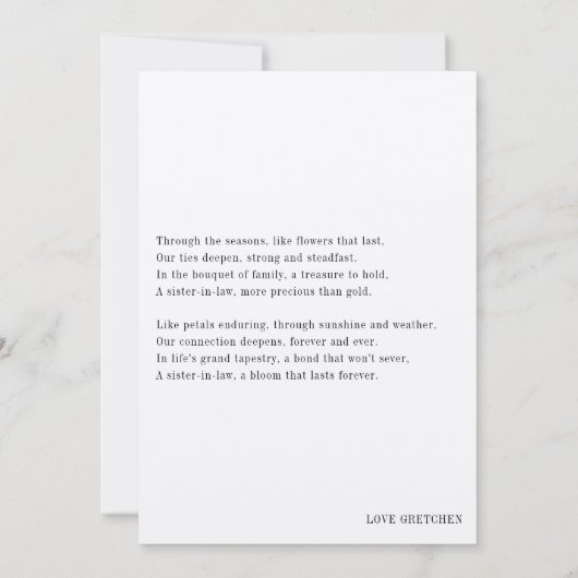 詩を添えた義理の姉妹へのブライズメイド提案 招待状 (裏面)