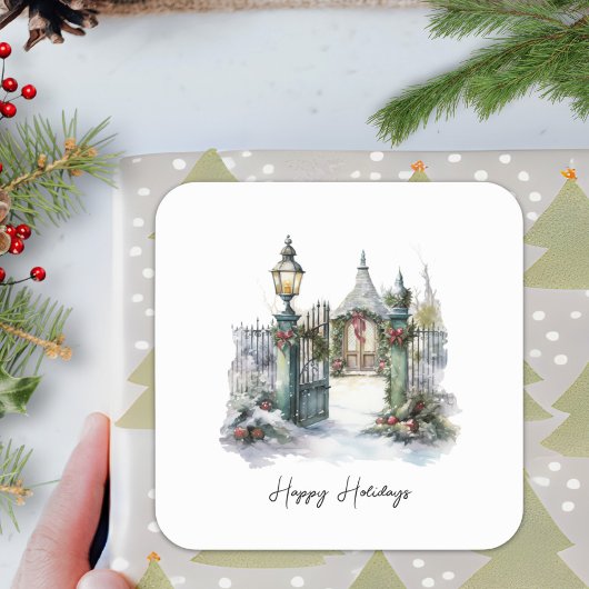 詩グリーンレッドスノースカンジウィンタークリスマスリース スクエアシール