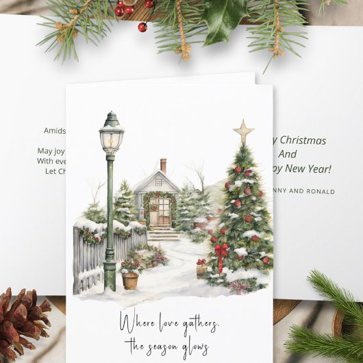 詩グリーンレッドホワイトベリー雪クリスマスリース シーズンカード