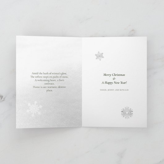 詩スカンジウィンターグリーンホワイトスノーフレーククリスマス シーズンカード (内部)