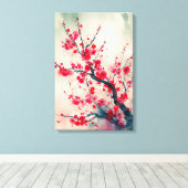 詩的な赤い梅の花の枝の水色 キャンバスプリント (インサイチュ (ウッドフロア))
