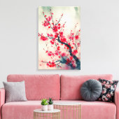 詩的な赤い梅の花の枝の水色 キャンバスプリント (インサイチュ (リビング))
