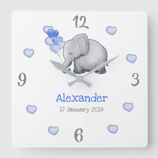 詩的パーソナライズされたベビー風船ゾウ子供部屋 スクエア壁時計 (正面)