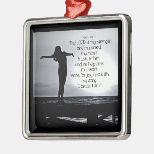 詩篇の主は私の強さのバイブル引用文ブラックグレー メタルオーナメント (左)