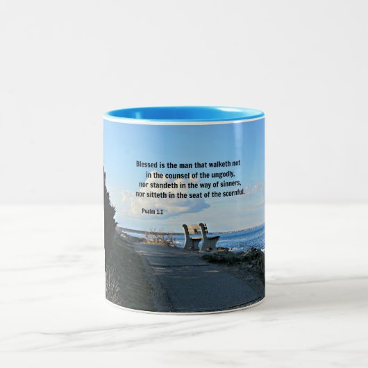 詩篇1章1節賛美は歩けない男だ… ツートーンマグカップ (中央)