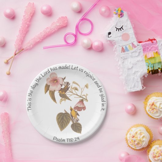 詩篇118:24と翼を持つ黄色いウグイスの鳥 ペーパープレート (パーティー)