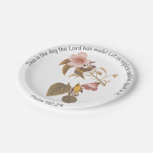 詩篇118:24と翼を持つ黄色いウグイスの鳥 ペーパープレート (アングル)