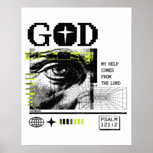 詩篇121:2 ネオンライム Eye Of God CRT グリッチアート ポスター