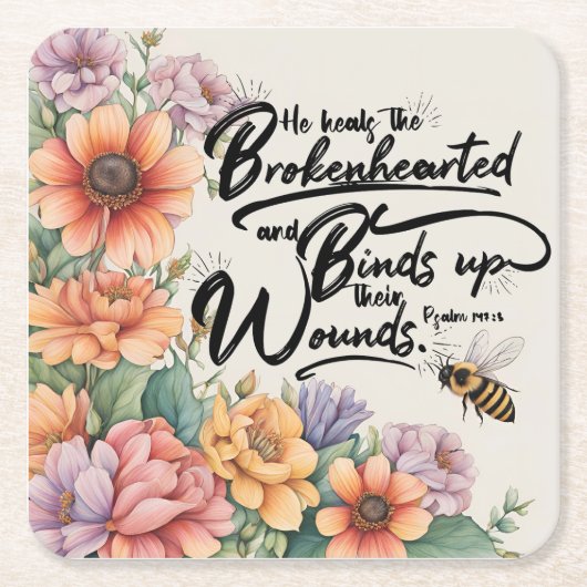 詩篇147:3キリスト教の聖書聖句のイメージ スクエアペーパーコースター (正面)