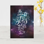 詩篇147:4-5彼は星の聖書の節を数える カード (黄色い花)