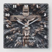 詩篇23:1彫り信仰 スクエア壁時計 (正面)