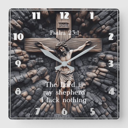 詩篇23:1彫り信仰 スクエア壁時計 (正面)