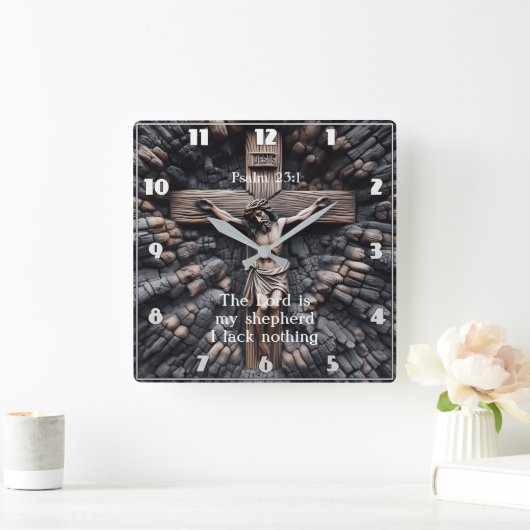 詩篇23:1彫り信仰 スクエア壁時計 (ホーム)