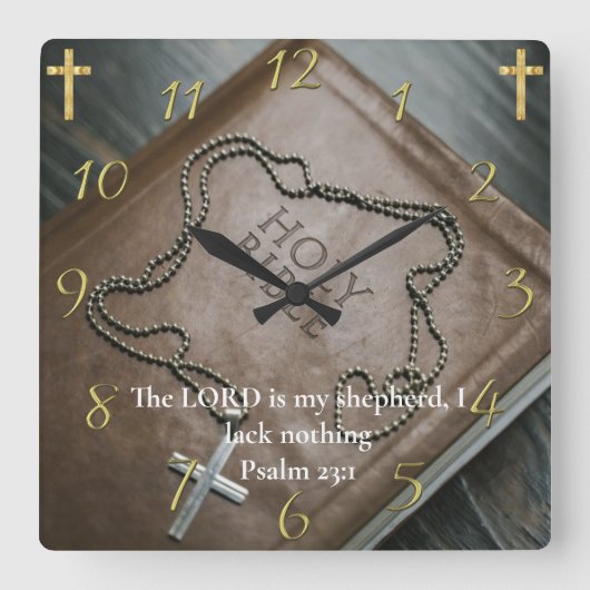 詩篇23:1聖聖書に銀の十字架を乗せて スクエア壁時計 (正面)
