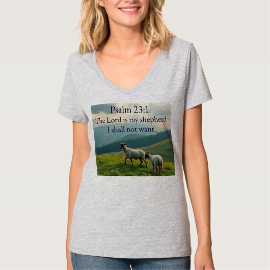 詩篇23:1 聖句 レディースVネックTシャツ Tシャツ (正面)