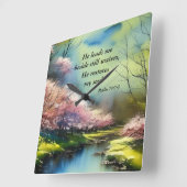 詩篇23:2-3彼は私の魂の聖書の聖句を回復する スクエア壁時計 (傾斜)