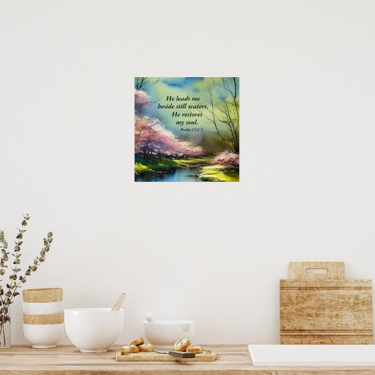 詩篇23:2-3 彼は私の魂を回復させてくれる 聖書の言葉 ポスター (キッチン)