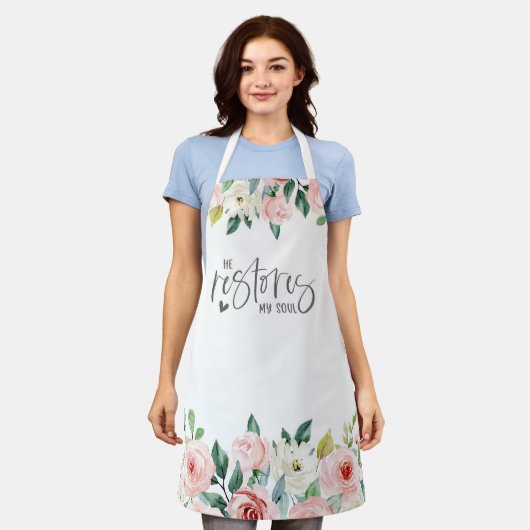 詩篇23:3彼は私の魂の聖書の聖句とバラを回復する エプロン (着用した状態)