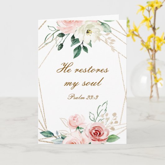 詩篇23:3彼は私の魂の聖書の聖句とバラを回復する カード (黄色い花)