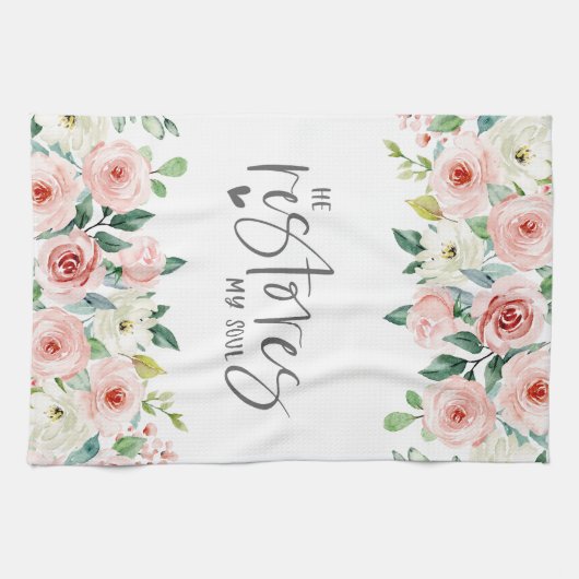 詩篇23:3彼は私の魂の聖書の聖句とバラを回復する キッチンタオル (横)