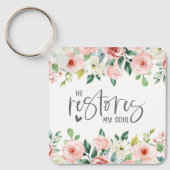 詩篇23:3彼は私の魂の聖書の聖句とバラを回復する キーホルダー (正面)