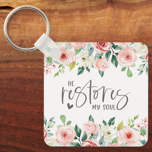 詩篇23:3彼は私の魂の聖書の聖句とバラを回復する キーホルダー (正面)
