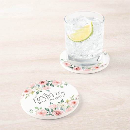 詩篇23:3彼は私の魂の聖書の聖句とバラを回復する コースター (側面)