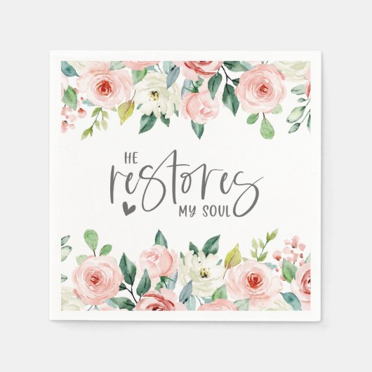 詩篇23:3彼は私の魂の聖書の聖句とバラを回復する スタンダードカクテルナプキン (正面)