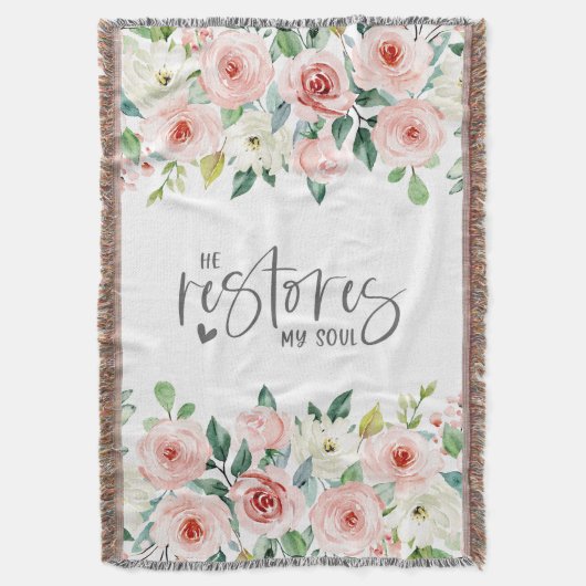 詩篇23:3彼は私の魂の聖書の聖句とバラを回復する スローブランケット (正面縦)