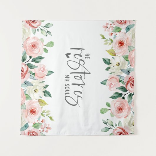 詩篇23:3彼は私の魂の聖書の聖句とバラを回復する タペストリー (正面(横))