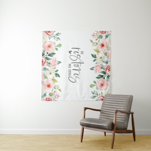 詩篇23:3彼は私の魂の聖書の聖句とバラを回復する タペストリー (インサイチュ(横))